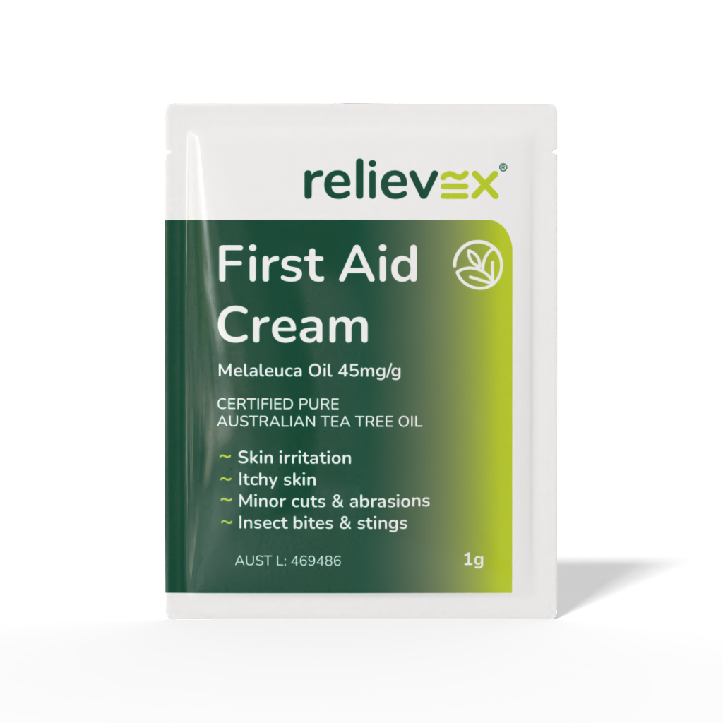 Relievex first aid cream packaging on a white background