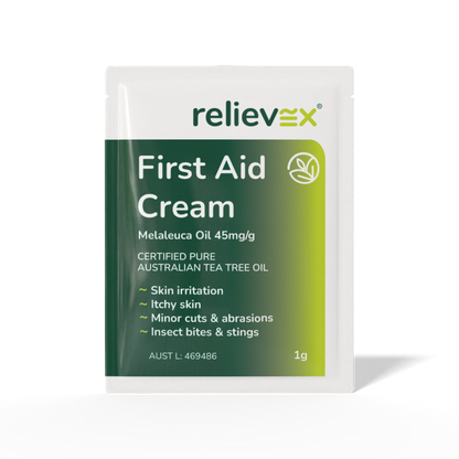 Relievex first aid cream packaging on a white background